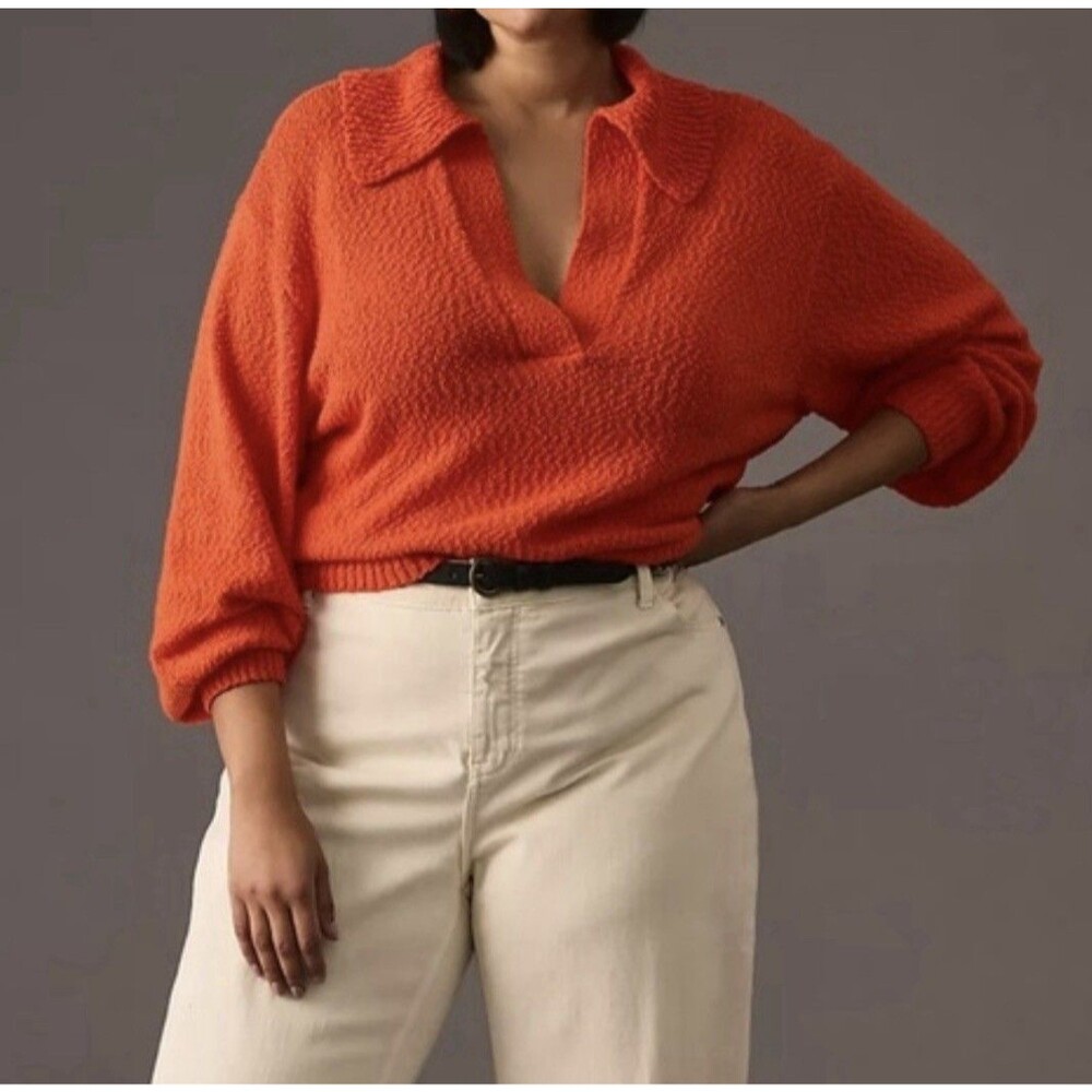 Maeve Anthropologie Orange V-Neck Polo Pullover Sweater Womens sz L Chunky Knit